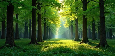Wall Mural - Dense cluster of trees forming a small, secluded forest grove, sunlight dappling through leaves Perfect for nature, woodland, environmental themes , environment, forest floor, summer