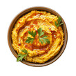 © KidsStation - Overhead Close Up of Fresh Orange Hummus Topped with Herbs and Seeds in a Brown Bowl