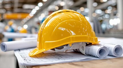 Yellow hard hat resting on blueprints in a busy industrial workspace, with blurred workers in the background, safety and construction planning in a professional environment