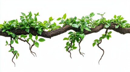 Wall Mural - lush green vine with tendrils and leaves on a thick brown branch isolated on white background.