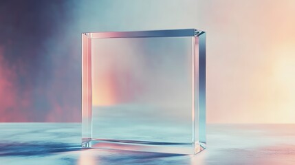 Wall Mural - clear glass cube on a hazy, colorful background.