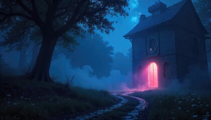 Wall Mural - Mysterious nighttime scene, ethereal glow illuminating dark surroundings, subtle light painting the night Perfect for fantasy, magic, or mystical themes , forest, purple