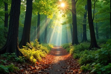 Wall Mural - Serene forest trail, dappled sunlight filtering through leaves, fallen leaves on path, peaceful woodland scene, perfect for hiking or nature themed projects , background, sunlight