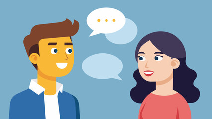 Illustration of a man and woman in conversation with speech bubbles on a light blue background scene