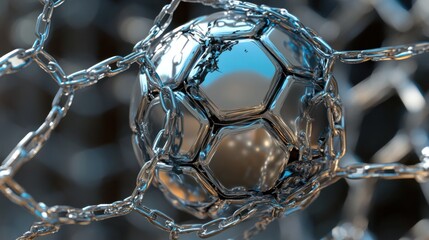 Captivating metallic soccer ball entangled within a silver chain net artistry