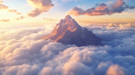 Wall Mural - majestic mountain peak rises above a sea of clouds at sunset.