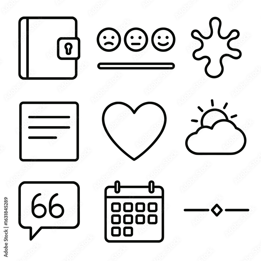 Diary Icon Set. Outline style icon of Personal Diary Features: lock ...