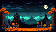 © Alena AV - Pixel art Halloween arcade game level background in the bewitched forest with full moon, castle, pumpkins and ghosts. Retro game concept. Large banner size with copy space