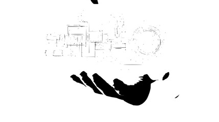 Abstract hand holding a complex geometric structure with a circular element in black and white art