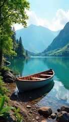 Wall Mural - Adventurous journey on a calm lake, a small boat pulled ashore near lush greenery for a scenic hike Perfect for travel, adventure, and nature themes , journey, rocks, forest