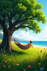 Wall Mural - A hammock sways gently in the breeze beneath a sprawling oak tree, surrounded by tall grass and wildflowers, embodying the ultimate lazy summer afternoon , tranquility, nature