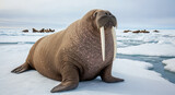 A majestic walrus dominates the arctic landscape, captured with a gaze of curious serenity in its wild natural habitat