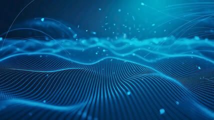 Abstract futuristic technology background with a flowing digital wave of data and glowing particles in cyberspace.