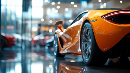 Wall Mural - orange luxury sports car showcased in a modern showroom.