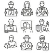 © Tanya - Architectural Line Icons. Line style icons of architecture and design: architect with blueprint, interior designer with plan,