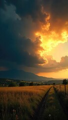 Wall Mural - A sun-drenched landscape with ominous dark clouds gathering on the horizon, suggesting impending stormy weather The bright sun casts harsh shadows, highlighting the potential danger , risk, threat