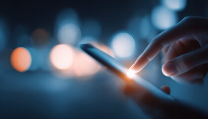 Finger Touching Smartphone Screen, Digital Technology, Mobile Communication and Connection, Abstract Blurred Background