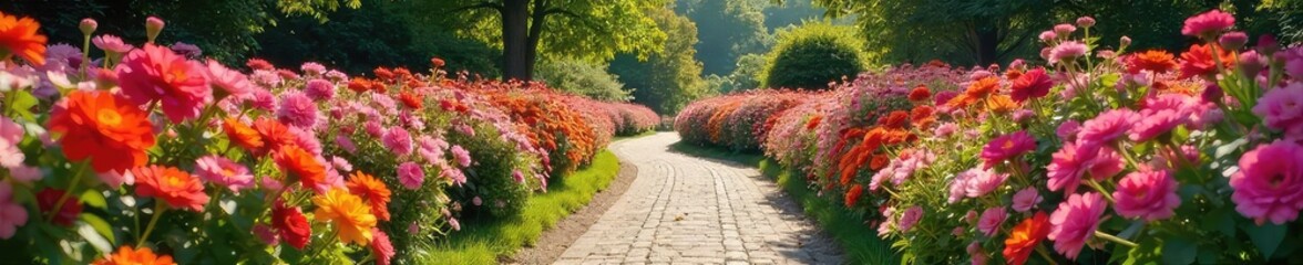 Wall Mural - Sunlit Garden Path with Vibrant Blossoming Flowerbeds A Breathtaking Floral Scene