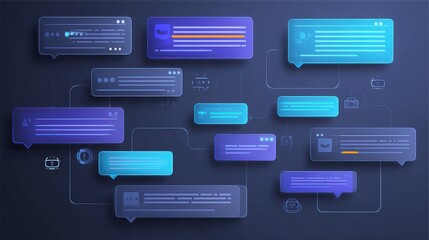 Illustration of connected translucent message bubbles on a dark background surface design