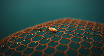 Macro closeup of a small insect on a wet hexagonal net surface