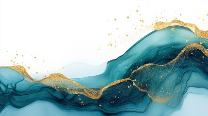 Wall Mural - abstract teal and gold ink waves on white background.
