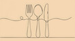 © Soli - Continuous one-line drawing of a fork, spoon, and knife. Minimalist cutlery set illustration for a restaurant menu or dinner concept.