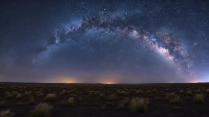 A panoramic view of the Milky Way arching over a dark, desolate landscape with distant city lights on the horizon.