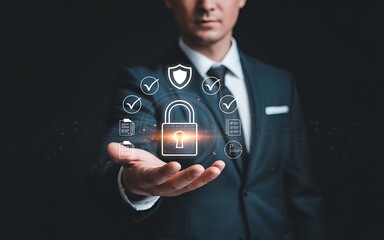 businessman holding a glowing padlock icon for cybersecurity. concept of data protection, network se