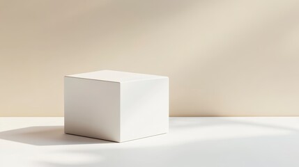 Wall Mural - white cube box on white surface with sunlight shadow.