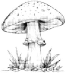 Wall Mural - black and white halftone drawing of a mushroom with grass background