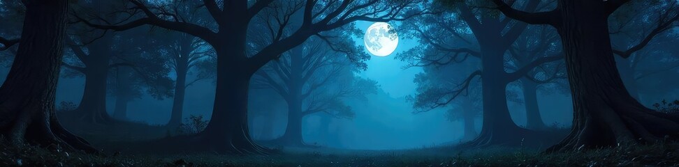 Wall Mural - Mysterious, moonlit forest at night Deep shadows shroud ancient trees, creating an eerie yet beautiful atmosphere Perfect for fantasy, horror, or nature themes , moon, mysterious