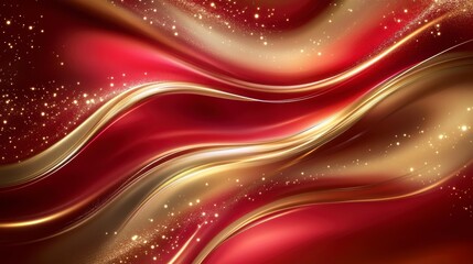 Wall Mural - abstract red and gold swirling waves with sparkling particles.