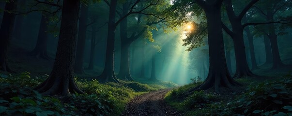 Wall Mural - Mysterious, shadowy depths of a dark forest at twilight Ancient trees loom, sunlight barely piercing the dense canopy A sense of mystery and quiet pervades the scene , dense, green, ground