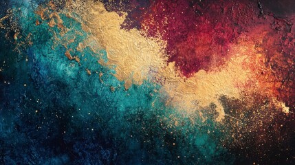 Wall Mural - abstract art painting with gold, teal, red, and dark blue colors.