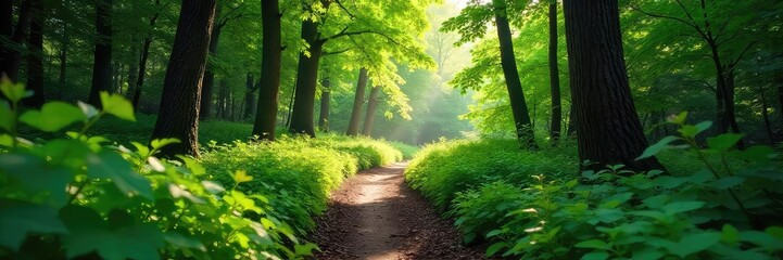 Wall Mural - Serene forest trail winding through lush green foliage, dappled sunlight filtering through the canopy Perfect for adventure, nature, and travel themes , background, ground, trail