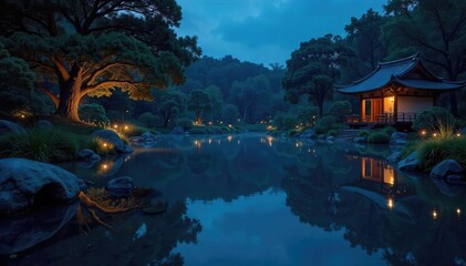 Wall Mural - Tranquil Pond at Night Soft Ambient Light Illuminates Reflective Waters, Creating a Magical and Serene Atmosphere, Perfect for Relaxation and Nature Themes.