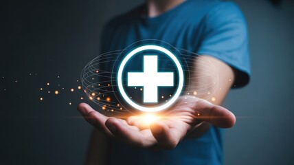 Wall Mural - hand holding glowing digital health cross symbol with network lines and particles 2025 2026 4k full 