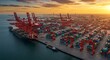 © Daxxt - Vibrant Red Cranes Over a Bustling Container Terminal at Golden Sunset