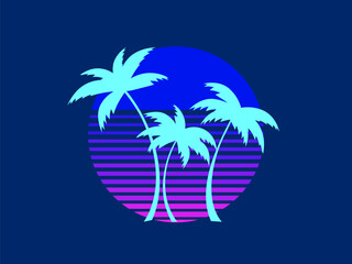 Wall Mural - Tropical palm trees at sunset in a futuristic 80s style. Summer time, silhouettes of palm trees in synthwave and retrowave style. Design of advertising booklets and banners. Vector illustration