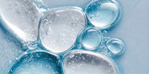 Wall Mural - Closeup of Hyaluronic Serum Drops on a Smooth Surface with Water Bubbles and Light Effects