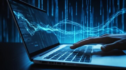 A developer typing on a laptop with abstract digital code, programming, and a glowing blue data stream representing cybersecurity technology. 4k video