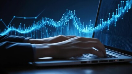 A developer typing on a laptop with abstract digital code, programming, and a glowing blue data stream representing cybersecurity technology. 4k video