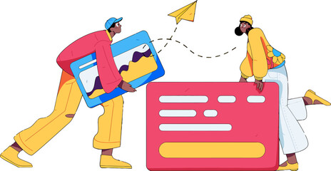 Dynamic team collaborating on website design with paper airplane soaring, vibrant and modern illustration for creative projects, showcasing teamwork and innovative web solutions, perfect for startups