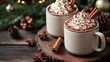 © Valentyna Prudnikova - Cozy winter hot chocolate with whipped cream and cinnamon sticks, nestled among pine cones and festive holiday decorations on a rustic wooden surface