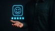 © AbdulMajid - Man presents floating smiley face with stars above hand in a dark tech setting, showing digital interaction, user satisfaction, and happy customer star rating