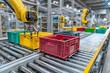 © whitestorm - A robotic arm lifts colorful plastic crates in a manufacturing facility, demonstrating automated production and efficient material handling on a conveyor belt system.