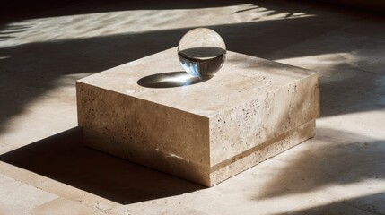 Wall Mural - Minimalist stone cube with glass sphere in serene sunlit setting