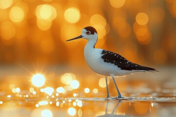elegant black and white bird standing in shallow water du golden sunset with blurred background and 