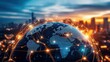 © Nice Seven - A futuristic globe illustration with network connections, depicting a digital representation of Earth against a vibrant city skyline at sunset.