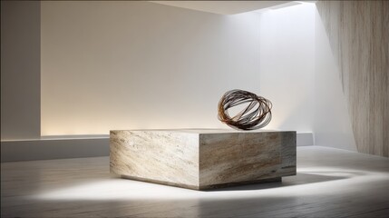 Wall Mural - Modern minimalist interior with stone block and metal wire sculpture for artistic home decor inspiration